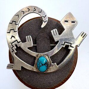 Sterling Silver 925 Turquoise Native American Lizard Brooch Size 2" Length
